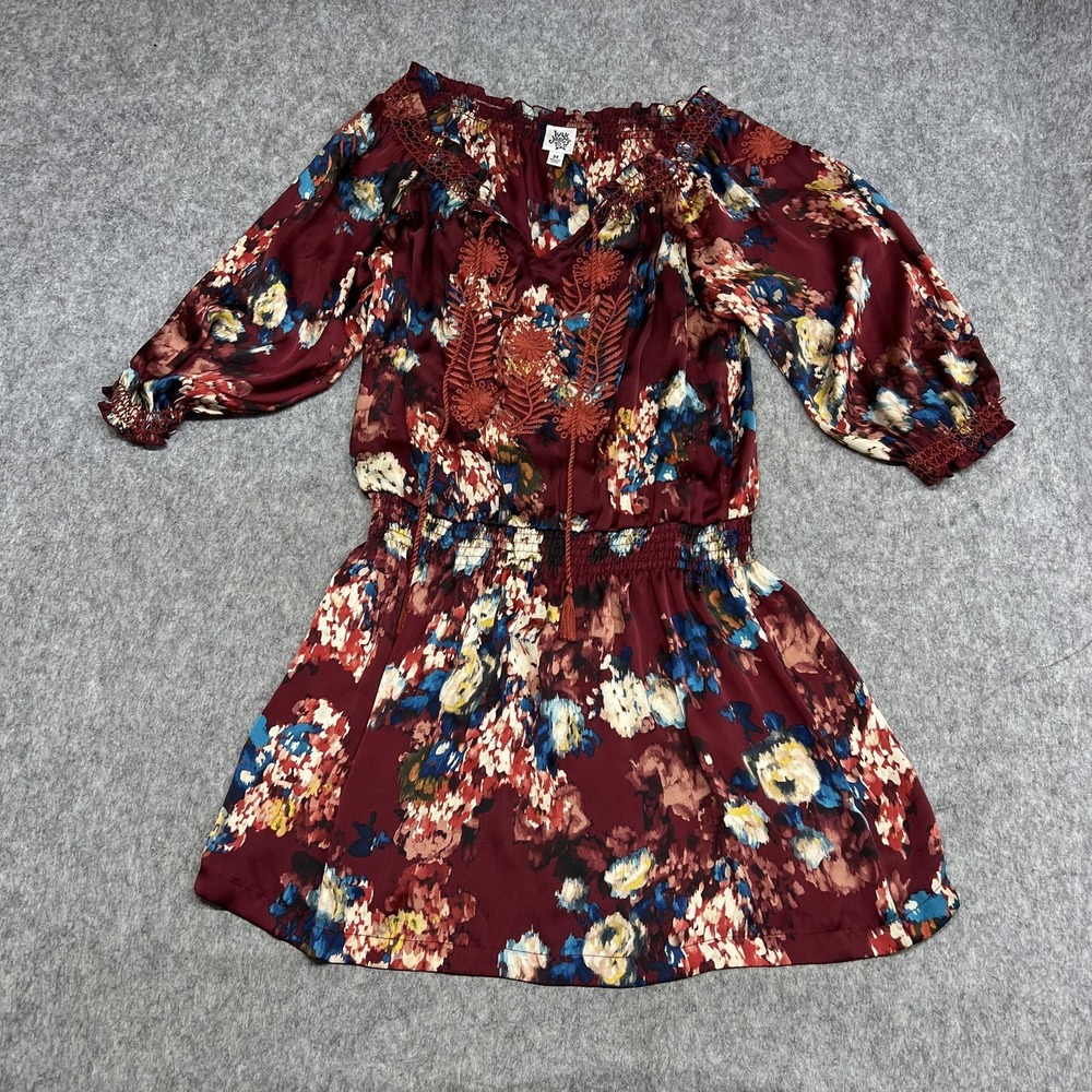 Ivy‎ Jane Dress Womens Medium Red Floral Off Shoulder Boho Embroidered Smocked
